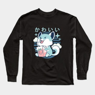 Kawaii Aesthetics Japanese Strawberry Milk Shake かわいい Fox - Blue - Strawberry Milk Long Sleeve T-Shirt